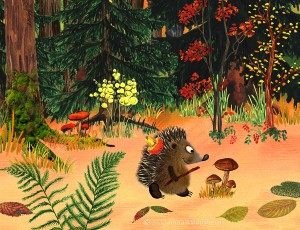 Hedgehog-picking-mushrooms-in-the-autumn-forest-drawing                       